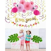Angle View: Tropical Pink Flamingo Party Honeycomb Decoration ,Swirl Decorations,Hanging Pink Paper Fans Decoration Set of 6,Gold Glittery Happy Birthday Banner and Flamingo Flag Wreath for Hawaiian Sum