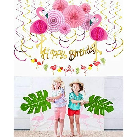 Tropical Pink Flamingo Party Honeycomb Decoration ,Swirl Decorations,Hanging Pink Paper Fans Decoration Set of 6,Gold Glittery Happy Birthday Banner and Flamingo Flag Wreath for Hawaiian Sum