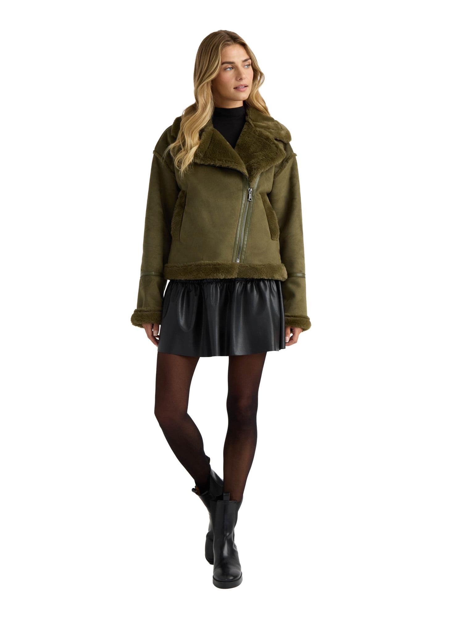 NOVELTI Womens Faux Shearling Short Zip Up Biker Jacket