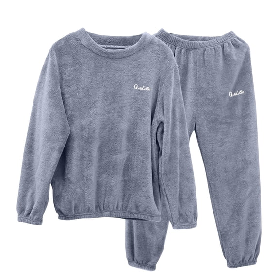 BRGZLK Men Homewear Solid Color Round Neck Autumn Winter Thickened Fleece Lined Warm Coral Fleece Elastic Waist Loungewear Set Blue XL