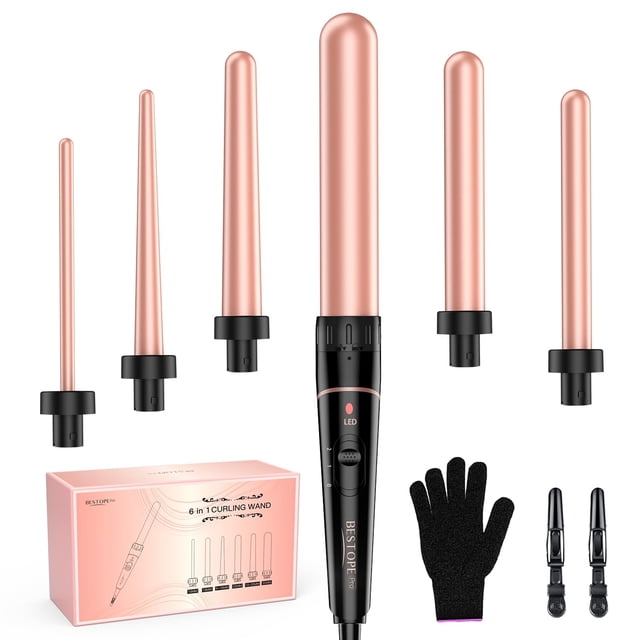 Juego de varita rizadora de barril largo, BESTOPE PRO 6 en 1 con barril de cerámica para cabello largo/mediano, rizador de varita de pelo intercambiable de 0,35 a 1,25 pulgadas, doble voltaje, incluye