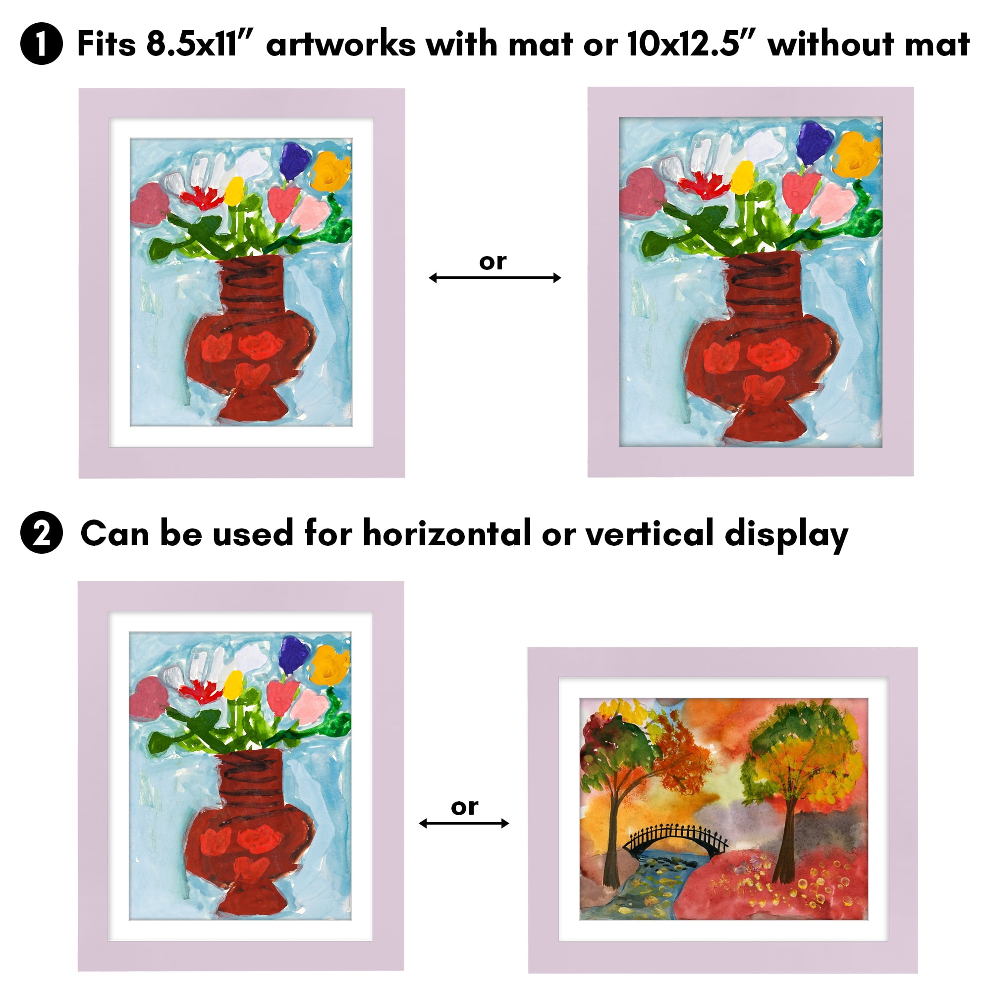 Americanflat 10x12.5 Kids Art Frame with 8.5x11 Mat Holds 100 Art Pieces Magnetic Letter Size Display Mini - Lilac