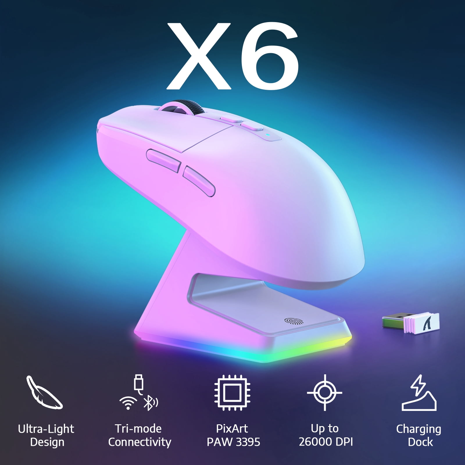 Manbasnake X6 Superlight Optical Wireless Gaming Mouse with Magnetic RGB Charging Case, White