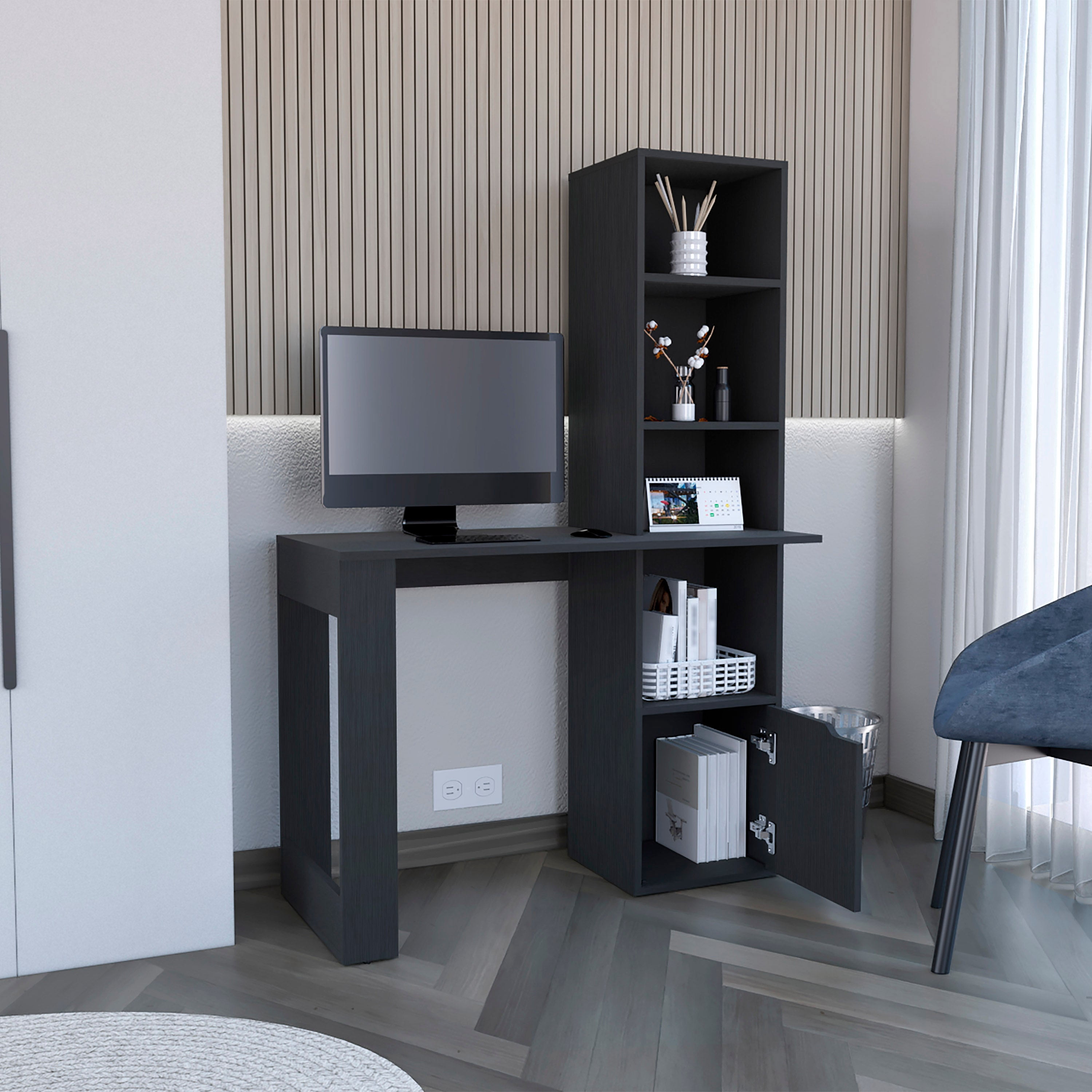 Astoutdoor Writing Desk with Bookcase and Cabinet, Black