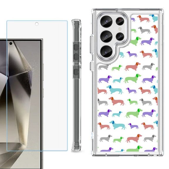 OneToughShield ® Case Compatible with Samsung Galaxy S24 Ultra, Shockproof Bumper Phone Case, with Tempered Glass Screen Protector - Colorful Dachshund/Puppy