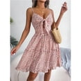 thumbnail image 6 of Nmnitkp Wedding Guest Dresses for Women Show Off Your Figure Women's Summer Floral Dress Bow V-Neck Spaghetti Strap Dresses A-line Wooden Ear Hem Flowy Mini Dress, 6 of 6