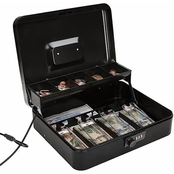 Large Locking Cash Box with Money Tray, Metal Money Box with Combination Lock Cash Safe with Security Cable, Black, SM-CB02302XL