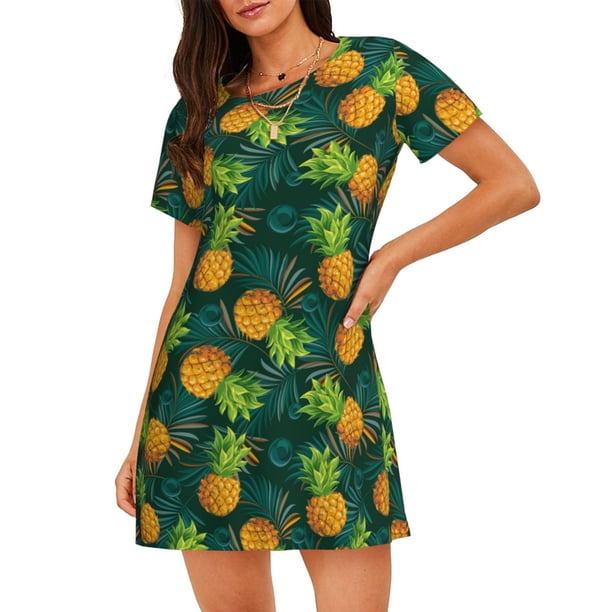Balery Pineapples with Palm Leaves Camisón de manga corta con cuello redondo para mujer, cómodo y elegante.