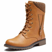 DailyShoes Womens Military Lace Up Buckle Combat Boots Zipper Sweater Ankle High Exclusive Credit Card Pocket, Tan Pu, 6