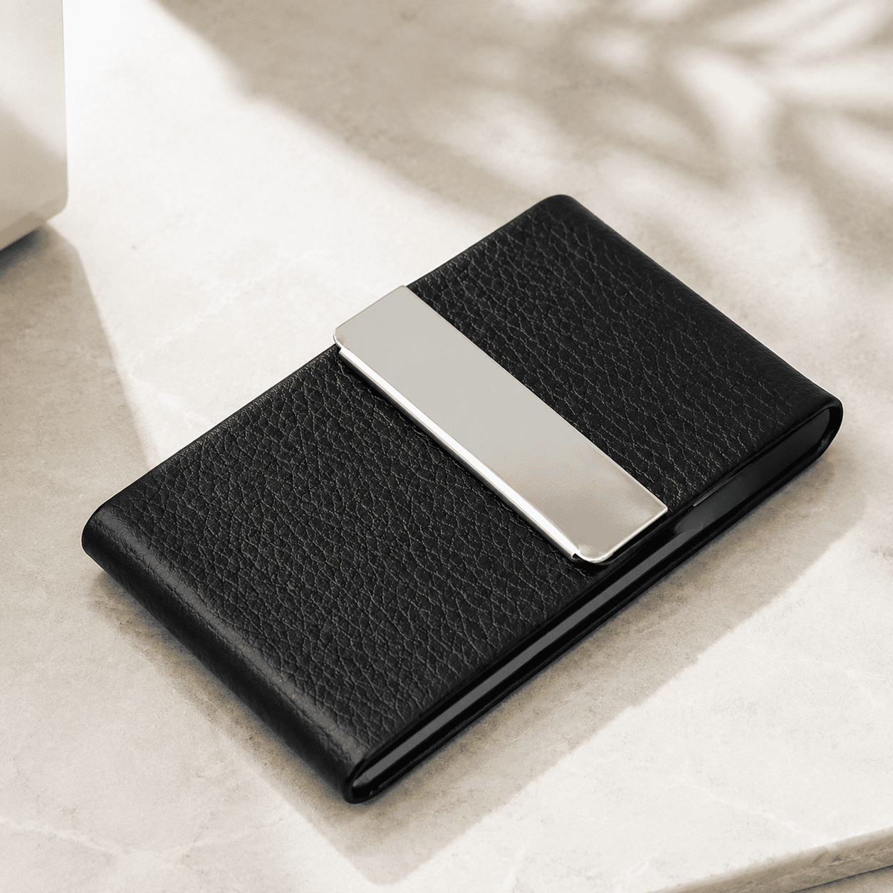 mokzer Business Card Holder, PU Leather & Stainless Steel Business Card Case for Men or Women, Slim Name Cards Holder RFID Blocking Credit Cards Carrier with Magnetic Closure,