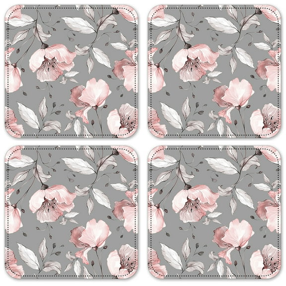 Vinyl Drink Coasters - Set of 4 - Gray & Pink Flower Toss