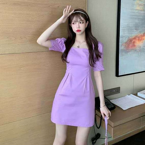 Yocowu French Solid Color Women Dress Puff Sleeve Square Collar Dresses  (Purple M) 