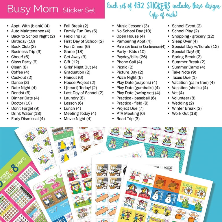 Planner Stickers, Busy Mom Collection (Qty 432) - Birthdays, Home, Work,  Appointments, School Events, Projects, Party, Play Dates, Sports, Family,  Water & Fitness Tracking for Any Planner 
