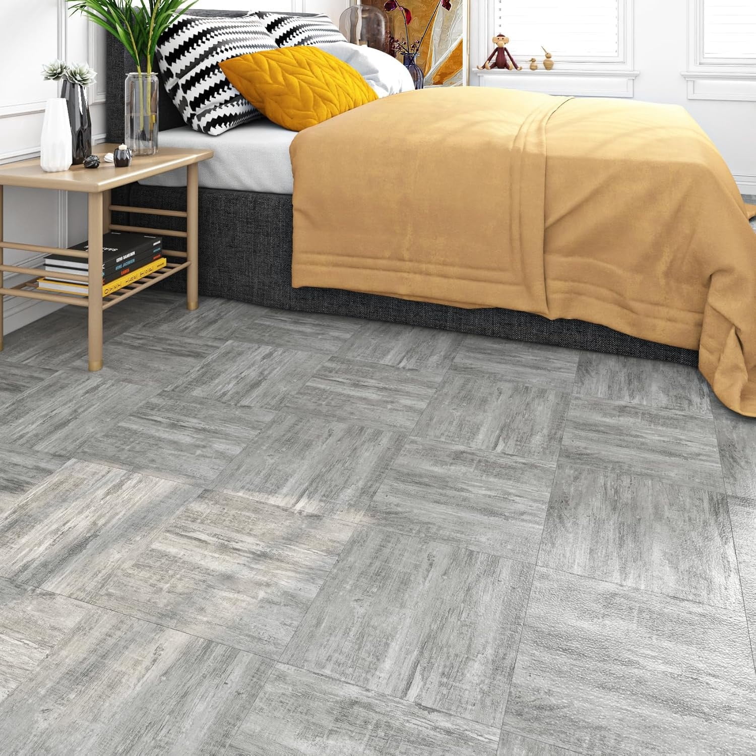 32-Tiles Stick on Floor Tiles Waterproof Peel and Stick Floor Tile for Kitchen Bathroom Bedroom Floors Retro Easy Vinyl Flooring Peel and Stick 12X12 Light Grey Wood Laminate Flooring
