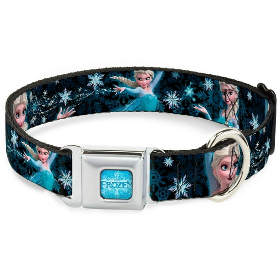 Disney Pet Collar, Dog Collar Metal Seatbelt Buckle, Elsa the Snow Queen Poses Perfect And Powerful Blues White, 15 to 24 Inches 1.0 Inch Wide