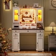 thumbnail image 5 of Farmhouse Makeup Vanity Desk with Mirror and Lights, Vanity Table with Glass Tabletop, Charging Station, 5 Drawers, Side Cabinet, Storage Shelves for Bedroom, White by TZUTOGETHER, 5 of 9