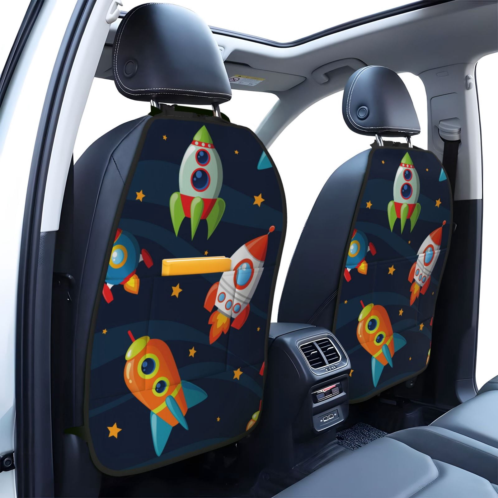 Kdxio Spaceships and Stars Print 2 Pack Car Kick Mat Seat Cover Back Protector Mat with Pockets for Organizer Backseat Protector and Storage Anti Kick Pad for Vehicles