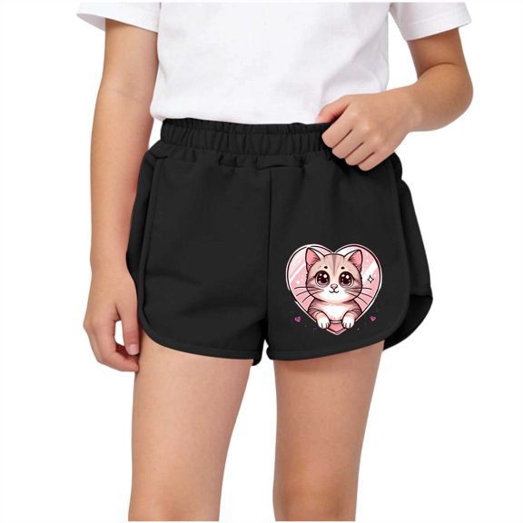 Virmaxy Kitty Print Elastic Waist Cotton Dolphin Shorts for Girls Loose Casual Summer Outerwear Breathable Playwear for Daily Activities, for 3-12Y