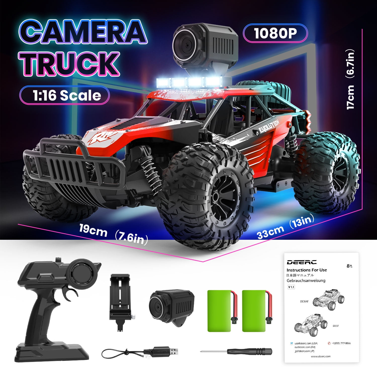 JoyStone RC Car with 1080P FPV Camera, 2.4Ghz Remote Control Car, 1:16 Scale Off-Road High Speed Remote Control Truck for Kids Adults 2 Batteries for 60 Min Play, Red
