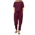 thumbnail image 1 of Fgnfyis Ensemble Décontracté d'Été pour Femmes en Coton et Lin, Manches Courtes, Col Rond, Pantalon Grand, Deux Pièces, Vin m, 1 of 8