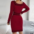 thumbnail image 5 of Ediodpoh Women Autumn Winter Knitted Block Striped Long Sleeve Midi Dress Sweater Dress with Square Neck Buttons Red M, 5 of 7