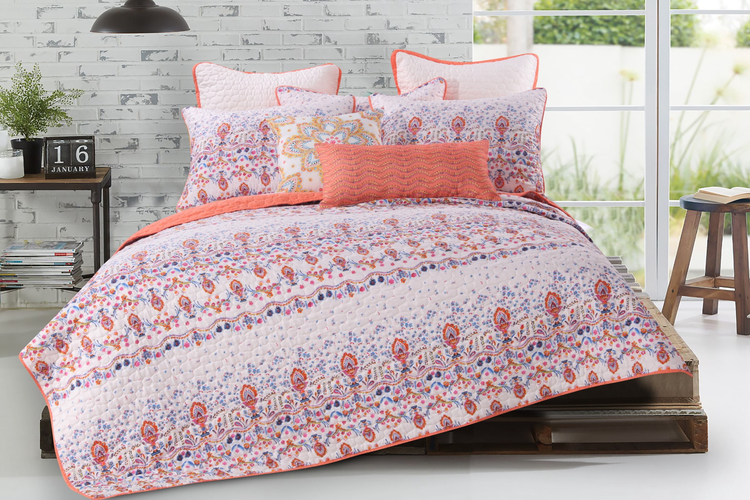 Global Trends Amphora Boho Paisley Oversized Reversible Quilt Set, Jewel Tone on White, 3-Piece King/Cal King
