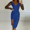 thumbnail image 2 of Hpapadks Formal Dresses for Women Mesh Long Sleeve V Neck Side Split Party Glittering Bodycon Dress Cocktail Dresses for Women Blue L, 2 of 5