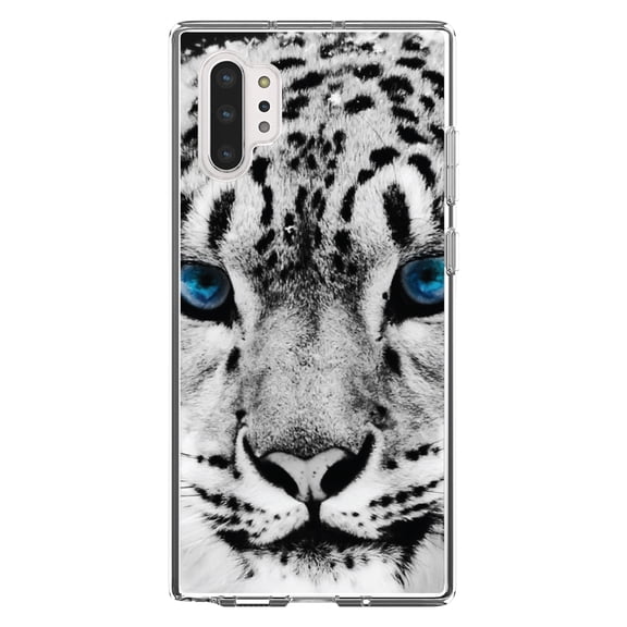 DistinctInk Clear Shockproof Hybrid Case for Galaxy Note 10 PLUS (6.8" Screen) - TPU Bumper, Acrylic Back, Tempered Glass Screen Protector - Snow Leopard Blue Eyes - Animal Print