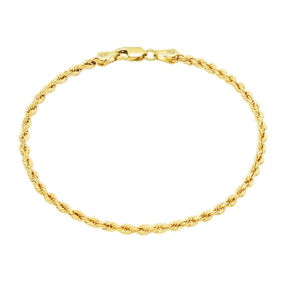 Nuragold 10k Yellow Gold 2mm Rope Chain Diamond Cut Bracelet or Anklet (7"-9") Italian Jewelry for Men & Women