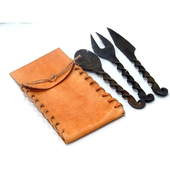 NauticalMart Hand Forged Medieval Eating Utensil Set of 4 Pieces Viking Style Twisted Cutlery Functional Feastware Dining Accessories with Easy Carrying Case (3rd Design)