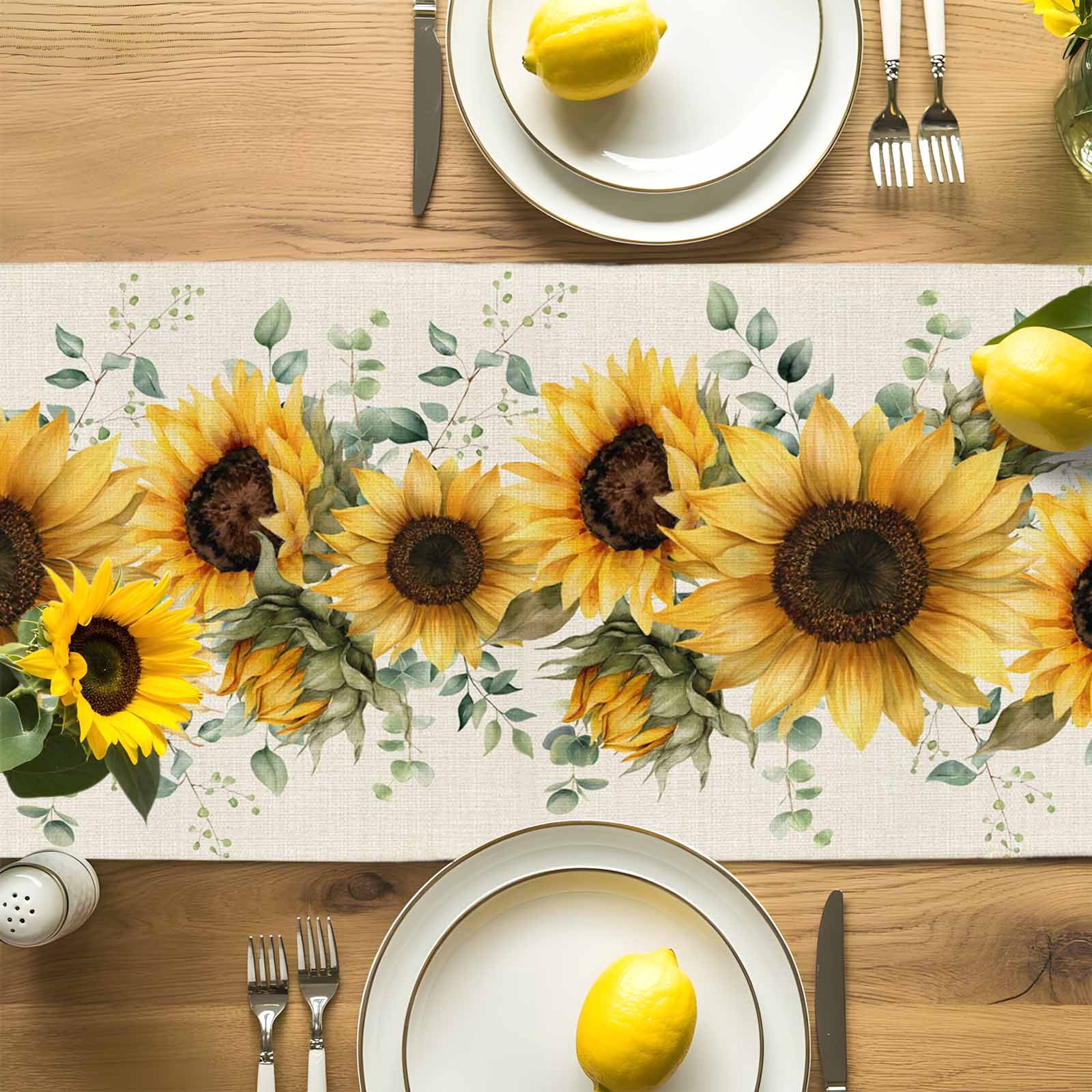 Farm Sunflower Eucalyptus Leaves Table Runner 90 Inches Long, Rustic Plants Retro Linen Table Runners Tabletop Scarf Kitchen Dining Tables Decoration for Home Party Indoor Outdoor