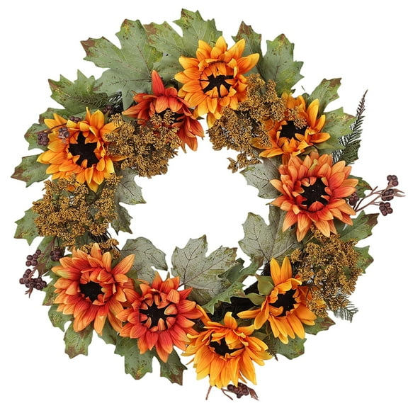 Fall Wreath for Front Door Decor, Artificial Autumn Orange Wreath with Sunflower, Maple Leaf and Berry Ornament for Wall Fireplace Farmhouse Thanksgiving Day Harvest Festival Decor(18 inch)