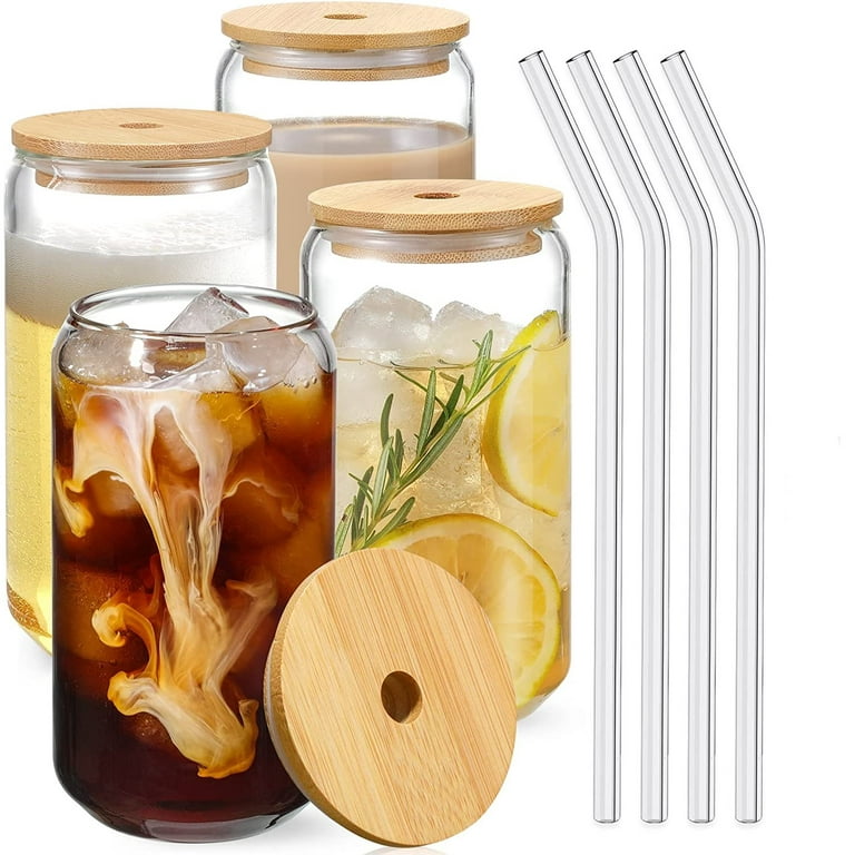 Drinking Glasses with Bamboo Lids and Glass Straw 4pcs Set - 18.6oz Can Shaped Glass Cups, Beer Glasses, Iced Coffee Glasses, Cute Tumbler Cup, Ideal