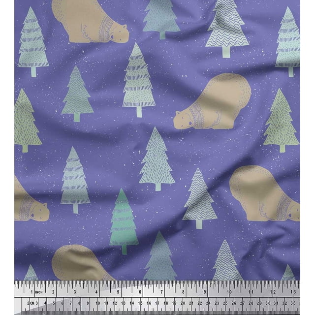 Soimoi Purple Poly Georgette Fabric Bear & Tree Christmas Print Fabric by the Yard 52 Inch Wide
