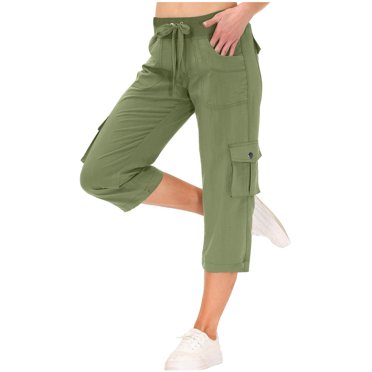 Bocqde Women's Cargo Capris Solid Casual Drawstring Elastic High Waisted Straight Leg Joggers Lightweight Multi Pockets Outdoor Hiking Capri Pants