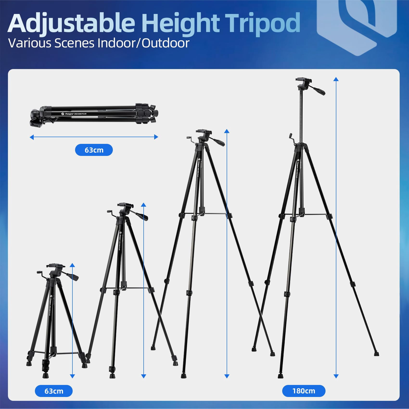 Fotopro Tripod for Camera, 71" Aluminium Pan Tilt Head Tripod Stand for Cameras Projector Webcam Spotting Scopes, Digi-9300 Plus