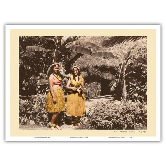 Hula Girls Hawaii - Vintage B&W Historical Photograph c.1930 - Master Art Print (Unframed) 9in x 12in