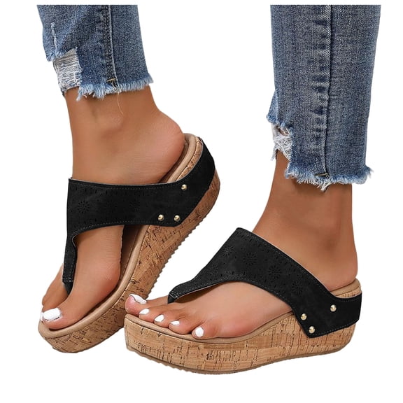 Womens Platform Flip Flops with Arch Support Comfy Footbed Wedge Sandals Boho Hollow out Nonslip Slip on Cork Wedges Heels Black Size 9