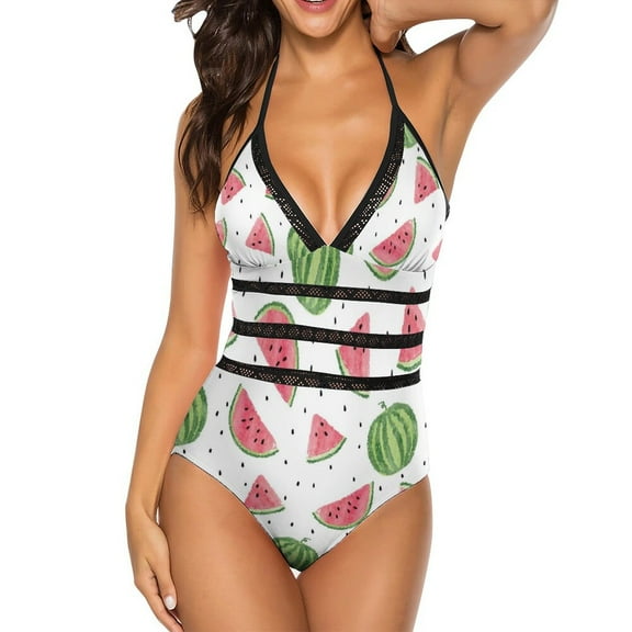 One Piece Swimsuit Women Tummy Control - V Neck Hand Drawn Watermelon Halter Swim Suits for Women 2025, Padded Full Coverage Bathing Swim Suit for Women