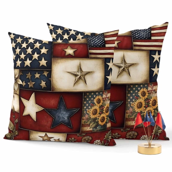 2 Pack Outdoor Waterproof Throw Pillow Covers,4th of July Retro USA Flag Decorative Square Pillow Case Patio Pillowcases for Chair Couch Sofa 16x16in