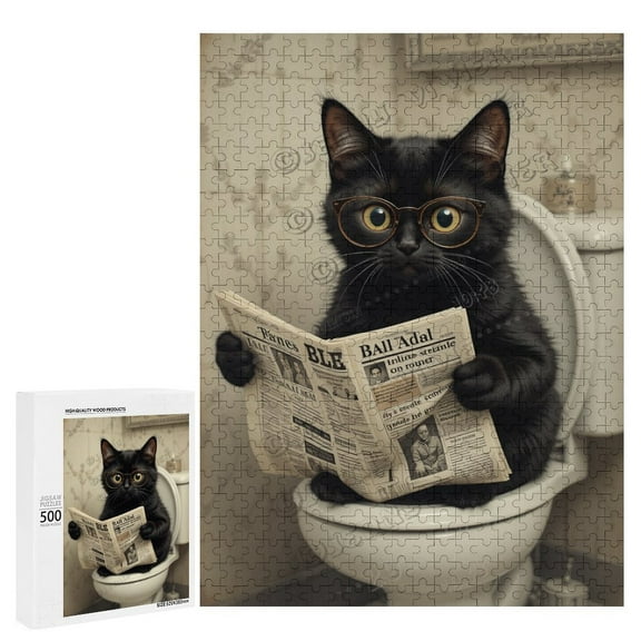 500 Piece Jigsaw Puzzle 15" x 21" Finished Size Black Cat Reading Newspaper On The Toilet 500 Piece Jigsaw Puzzle for Adults -Challenging Puzzle Perfect for Game Nights,Wooden