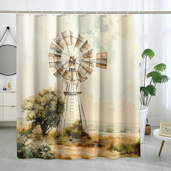 Oil Painting Windmill Shower Curtain Set, Rustic Farmhouse Shower Curtains for Bathroom Country Vintage Bathroom Decor Polyester Fabric-36"W x 72"L (Pack of 1)
