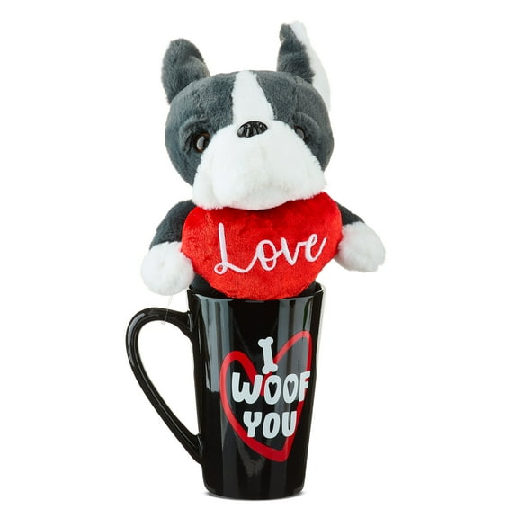 Bulldog Plush in I Woof You Mug, Gray, 10", Valentine's Day by Way To Celebrate
