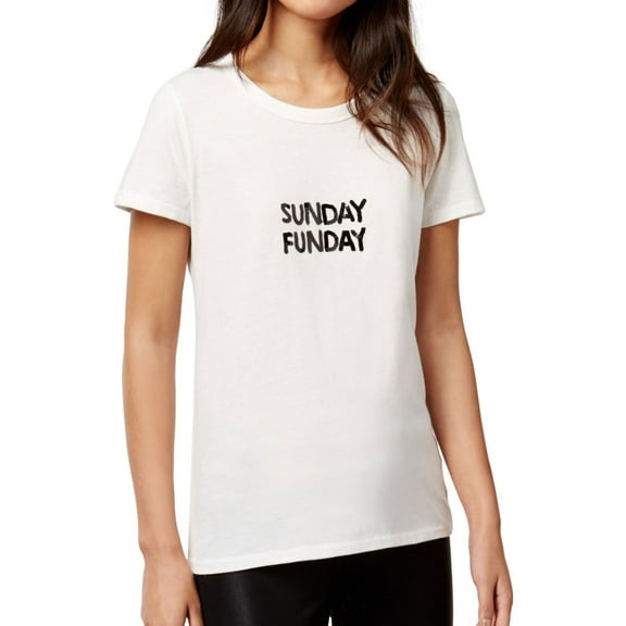 Bow & Drape Womens Sunday Funday Sequined Embellished T-Shirt, White, Juniors, Small