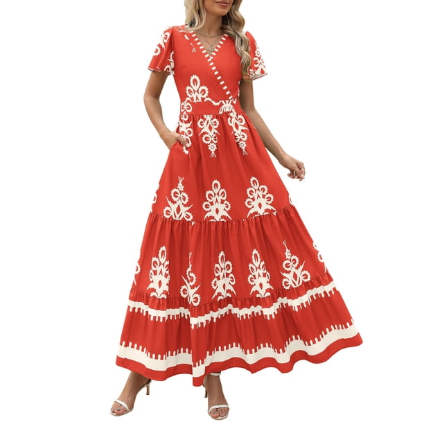 Vestido largo PRETTYGARDEN para mujer, verano 2025, cuello en V, estampado floral
