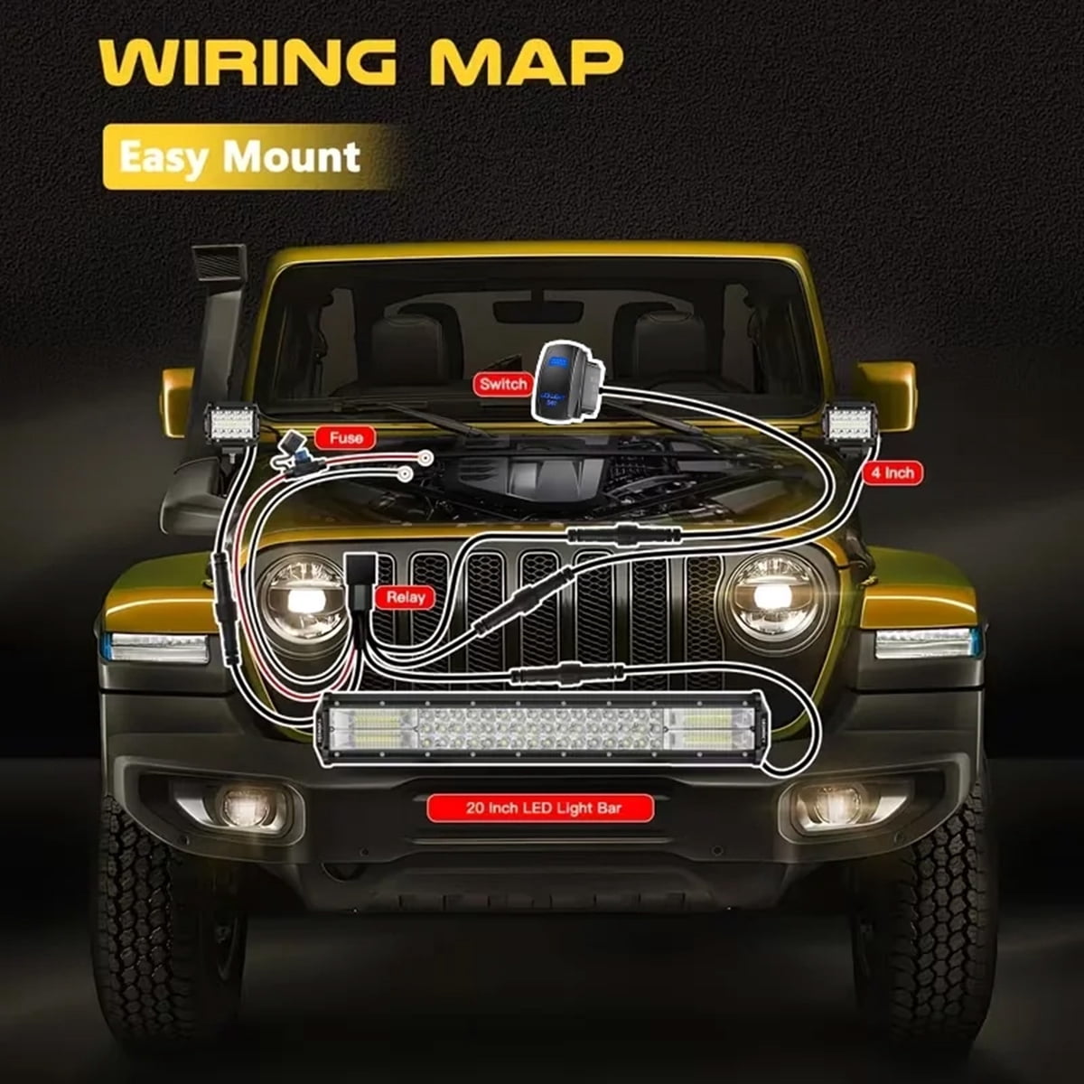 LEDMIRCY 20Inch LED Light Bar and 4Inch LED Pod Lights 2PCS with Rocker Switch Wiring Harness Kit Off Road Lights Spot Flood Combo Beam LED Driving Light Bar for Trucks ATV UTV SUV Tractor Boat
