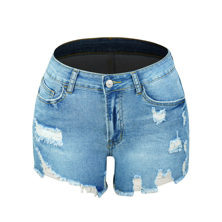 YYDGH Women's Denim Shorts Casual Mid Waist Ripped Jean Shorts Frayed Raw  Hem Distressed Stretchy Short Jeans Light Blue S 