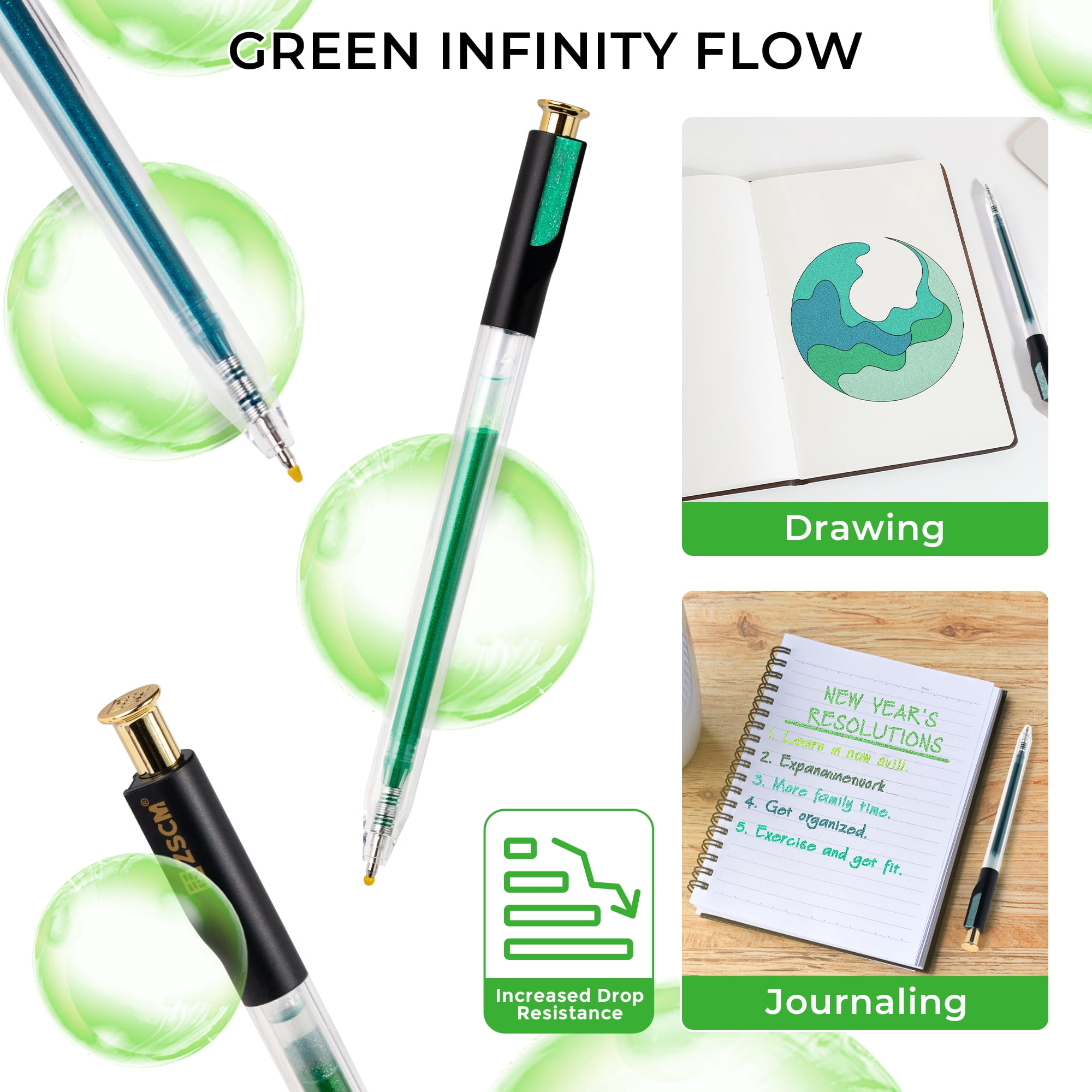Retractable Glitter Gel Pens, 12 Colors Large Capacity Green Glitter Metallic Gel Ink Pen for Adult Coloring Book Note Taking Aesthetic Art Supplies