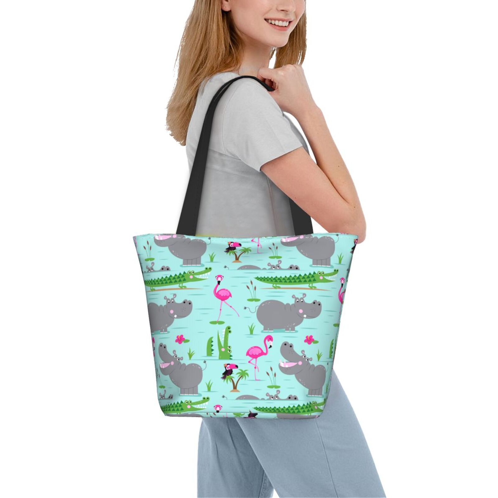 Ratiio Hippo With Flamingos And Crocodiles Print Shoulder Bag for Women, Polyester Crossbody Purse Lightweight Handbag for Daily Travel and Casual Use