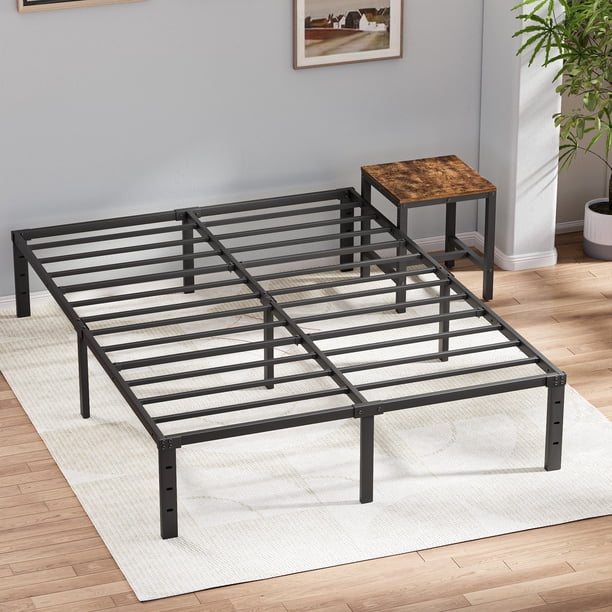 Iron Bed Frame with Bedside Table Iron Bed Base with Storage Table Metal Bed Frame with Wood Bedside Desk 24 Reinforced Slats Baking Finish Black Bed Frame for Bedroom Home Apartment